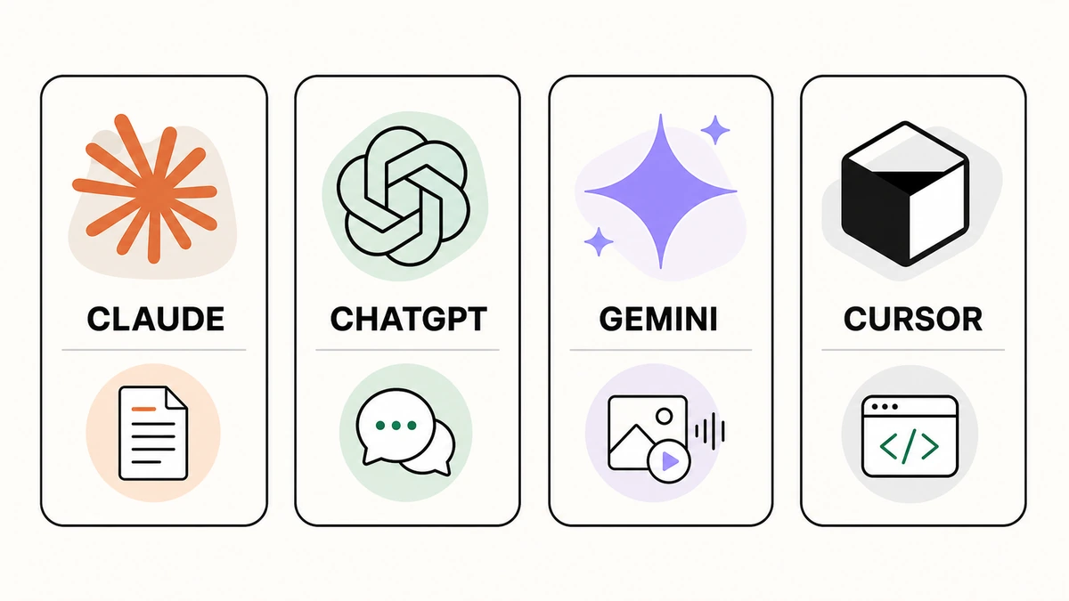 ภาพเปรียบเทียบ AI ยอดนิยม (Claude · ChatGPT · Gemini · Cursor) พร้อมป้ายบอกจุดเด่นสั้นๆ